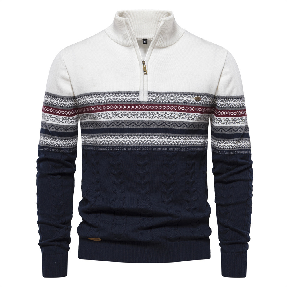 Modern men's knitted sweater with stand-up collar