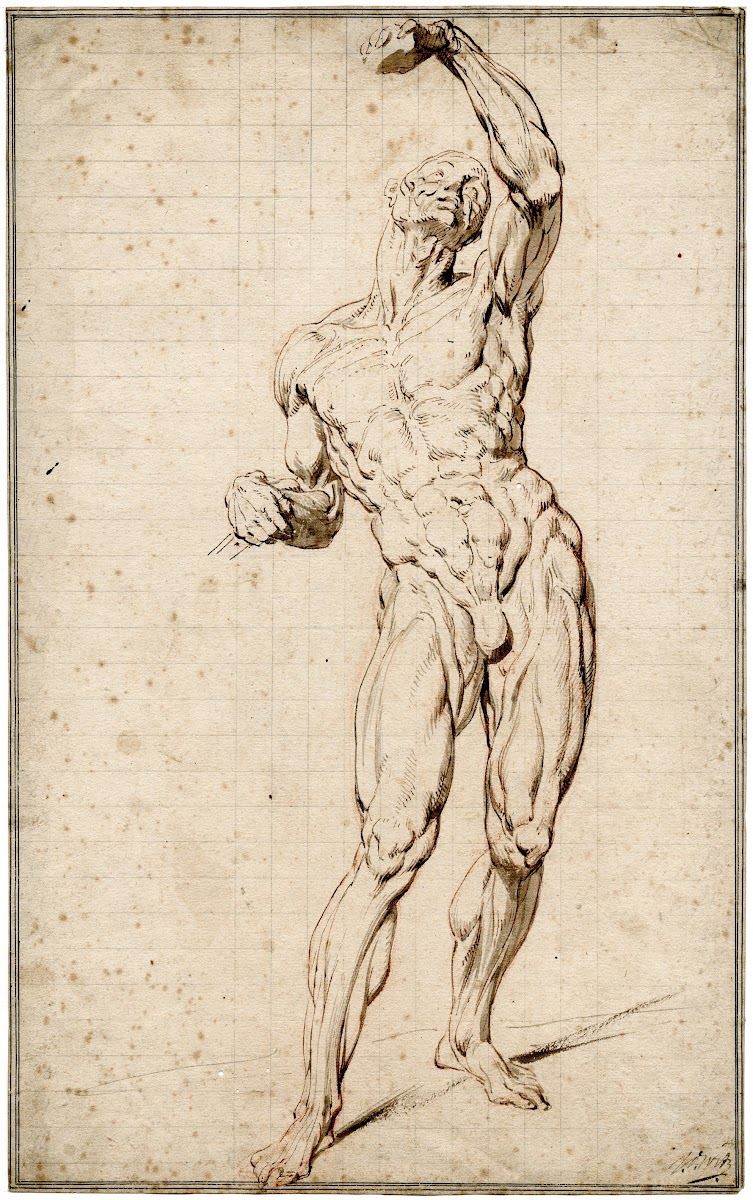 Staande man met opgeheven arm
