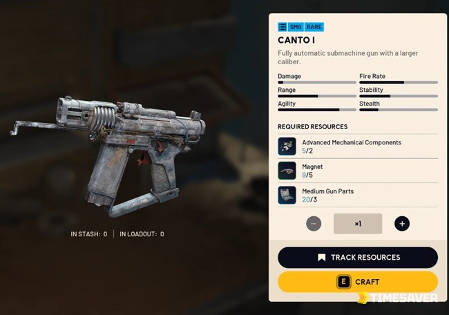 ARC Raiders in-game Canto I crafting recipe tooltip listing Advanced Mechanical Components, Magnet and Medium Gun Parts at a Gunsmith 3 station