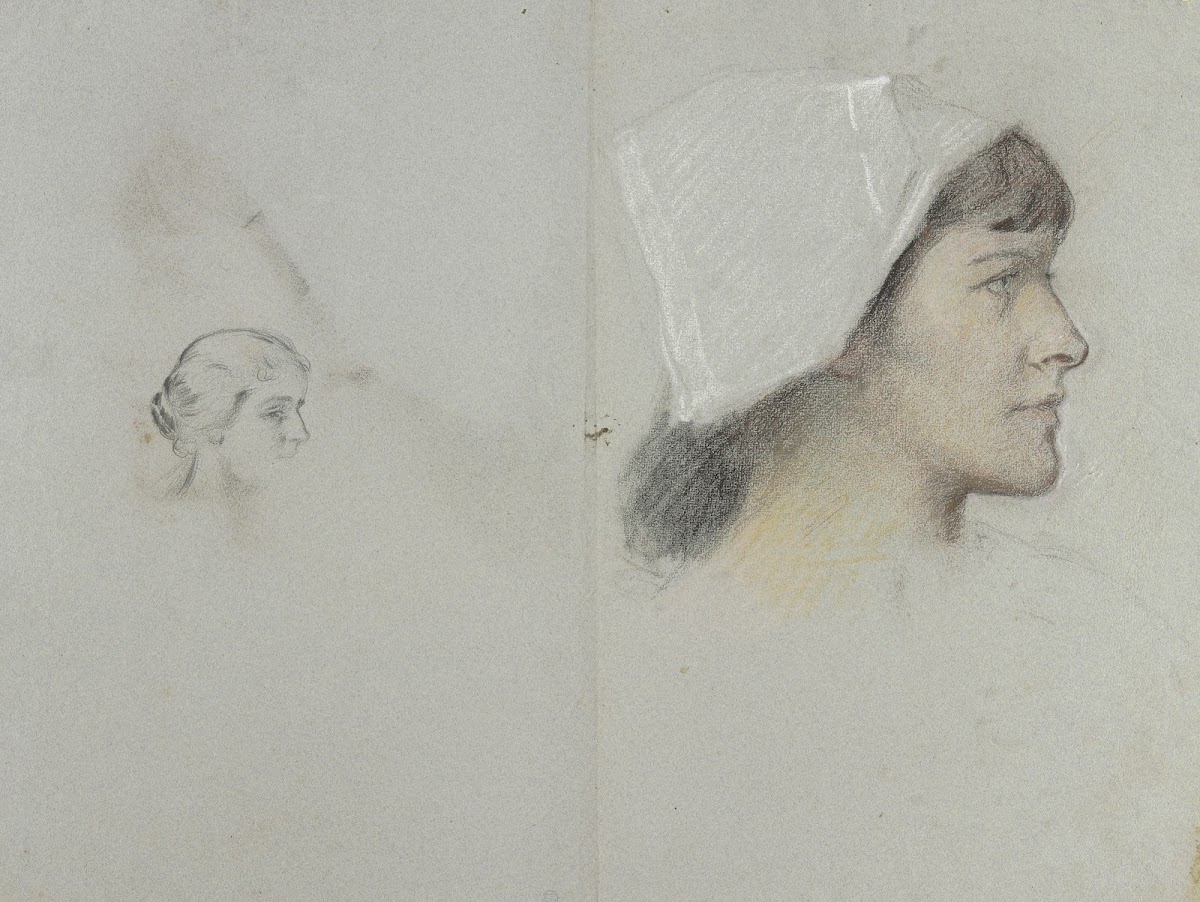 Kopf einer jungen Frau mit Haube im Profil nach rechts ca 1882