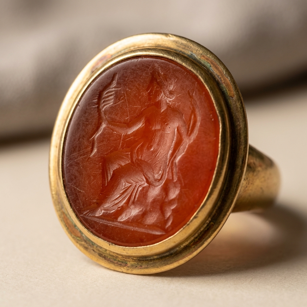 Macro view of a roman carnelian ring intaglio showing patina on the gold bezel and fine tool marks on the stone against a warm #ede7da background