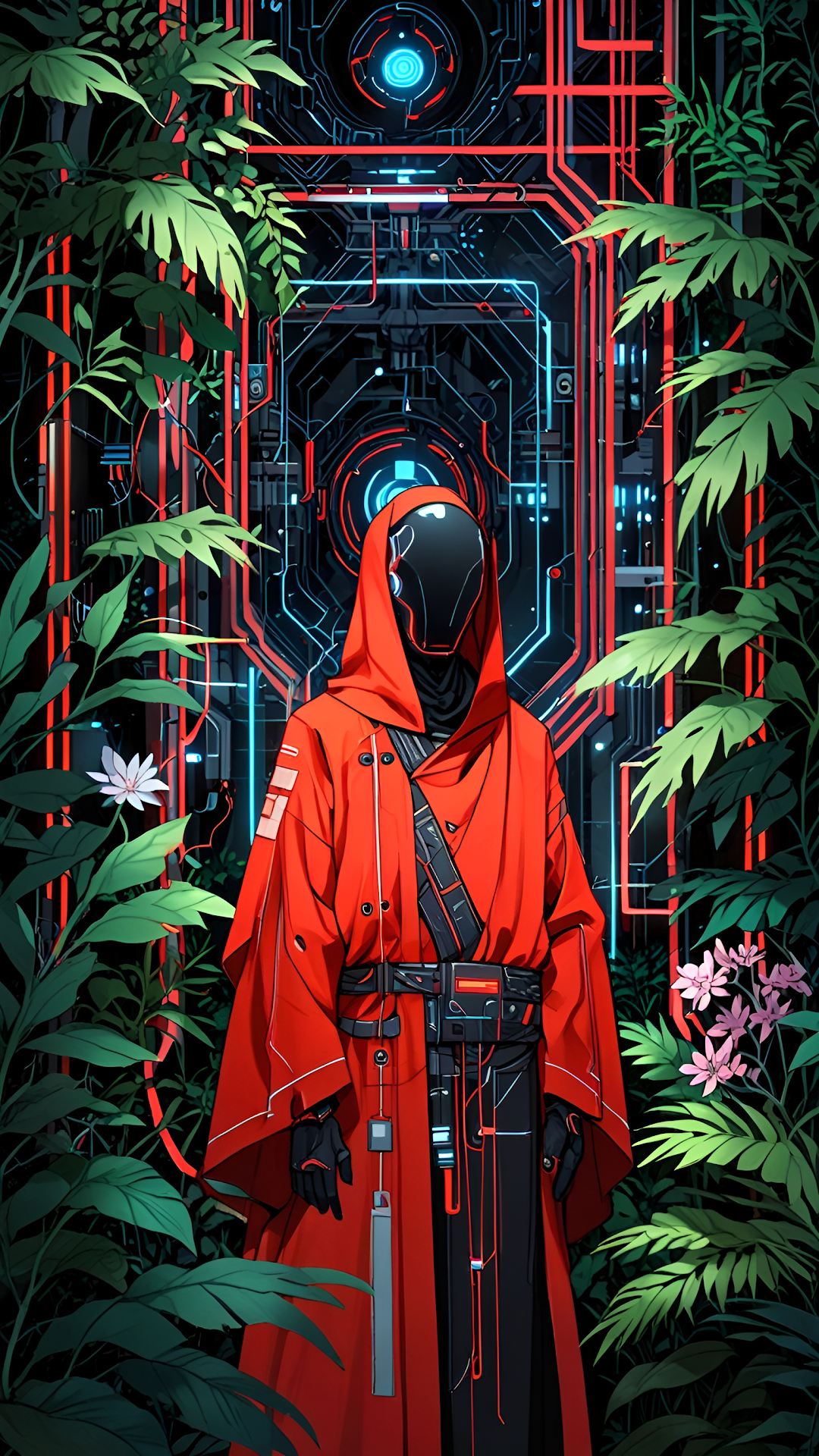 Cyberpunk Jungle Monk Red Robe Digital Gateway - Free 4K mobile Wallpaper