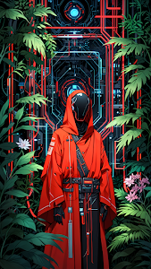 Cyberpunk Jungle Monk Red Robe Digital Gateway