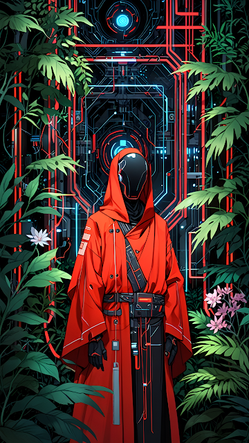 Cyberpunk Jungle Monk Red Robe Digital Gateway - Free mobile Wallpaper