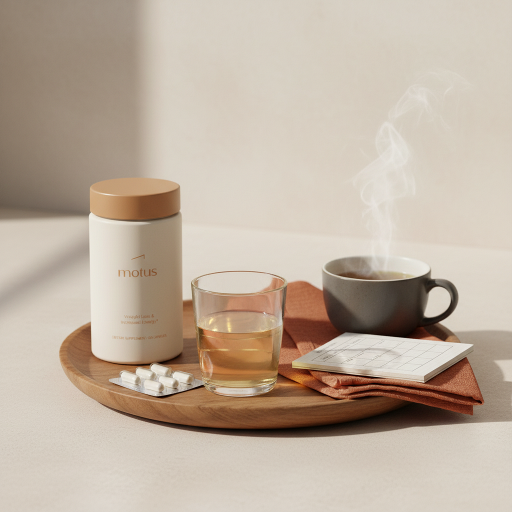 Minimalist kitchen table scene with Tonum Motus jar, capsule blister pack, glass of diluted apple cider vinegar, notepad and steaming tea — apple cider vinegar pills