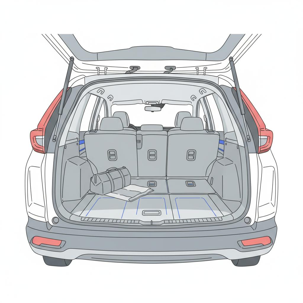 Minimal 2D vector rear cargo view of a Honda CR V with rear seats folded flat on a white background with blue accents representing best Honda models 2026
