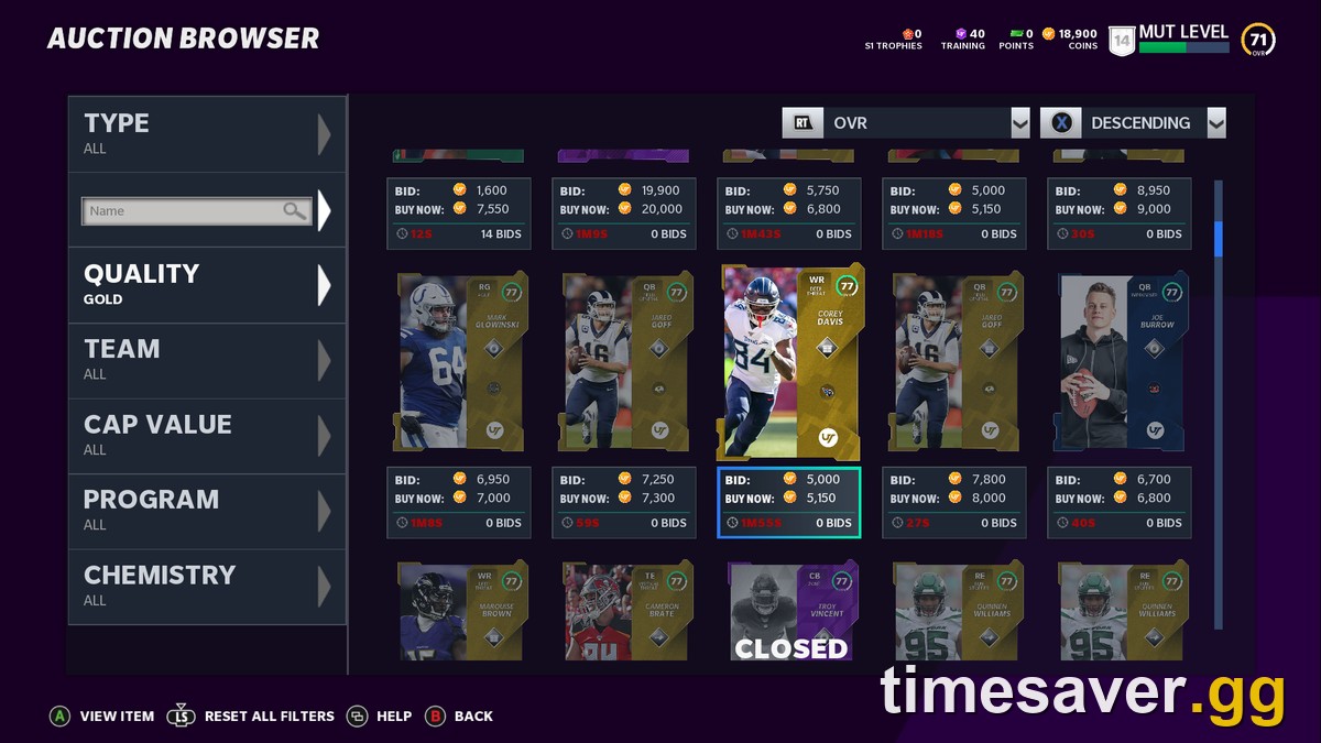 The Madden Ultimate Team Auction Browser, showing the filter rail — Type, Quality, Team, Cap Value, Program and Chemistry — used to snipe and price-check cards.