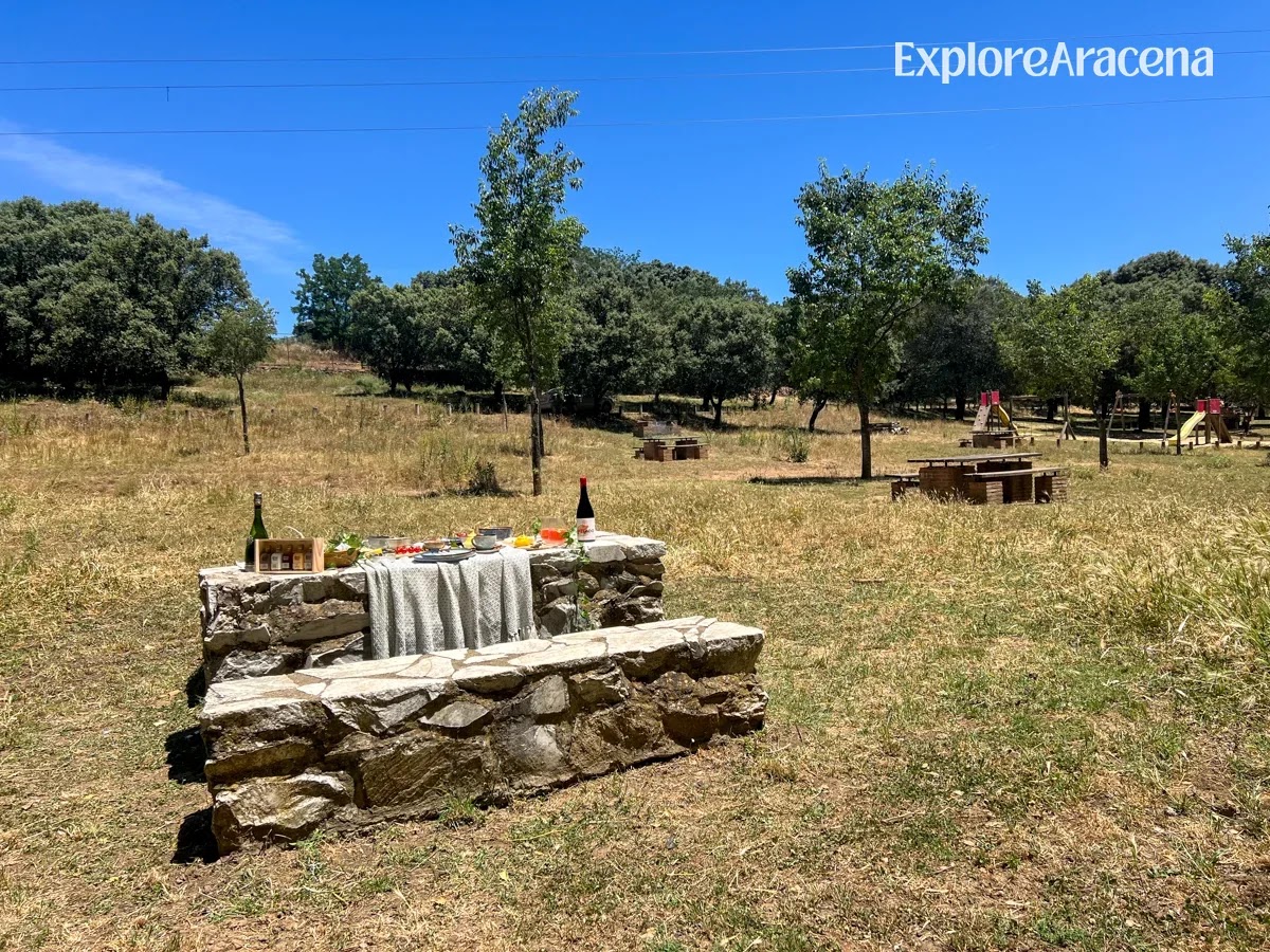 Wide view of the Marimateos picnic area with stone tables, trees and children’s playground equipment.