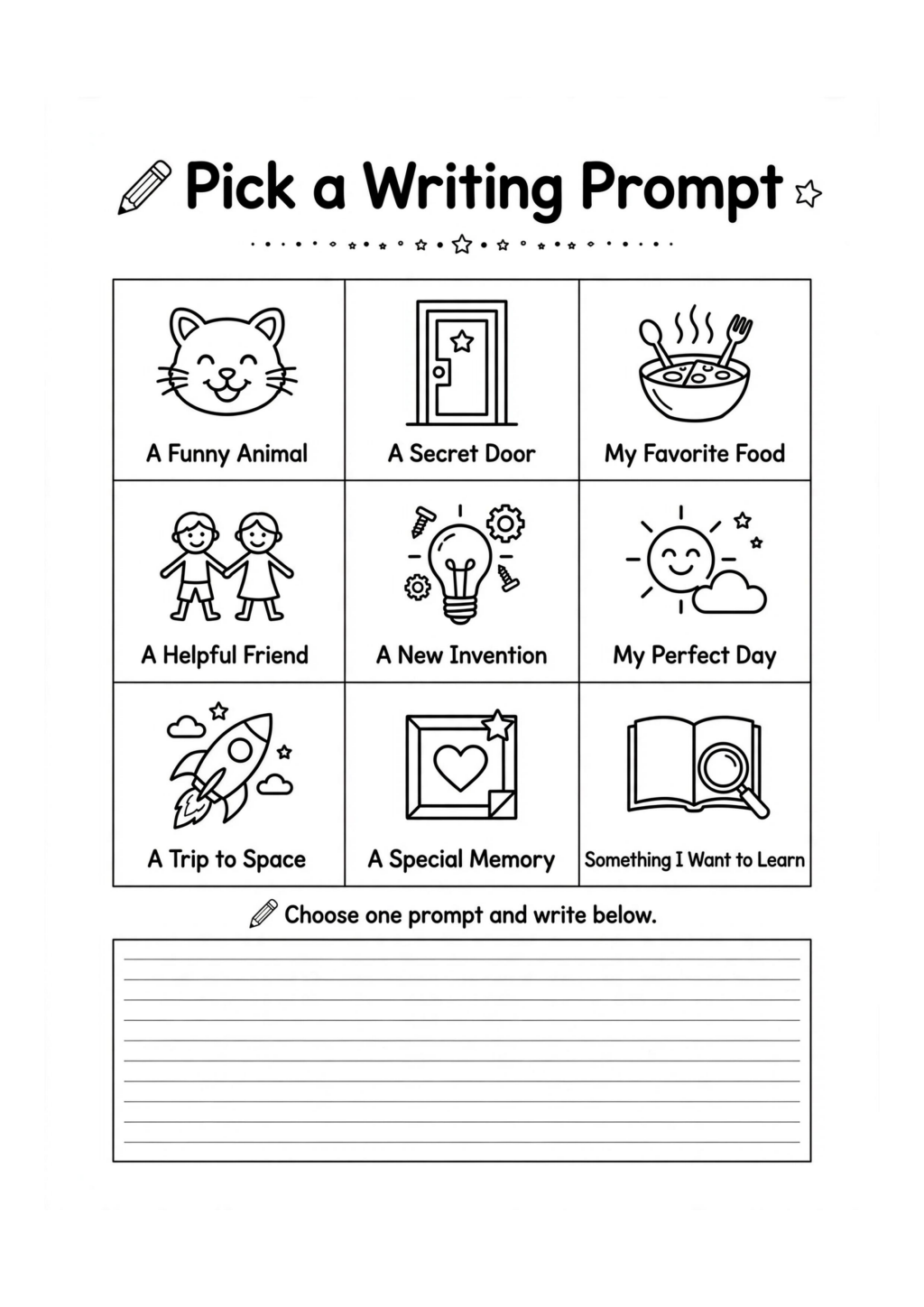 Pick a Prompt Writing Choice Board Worksheet