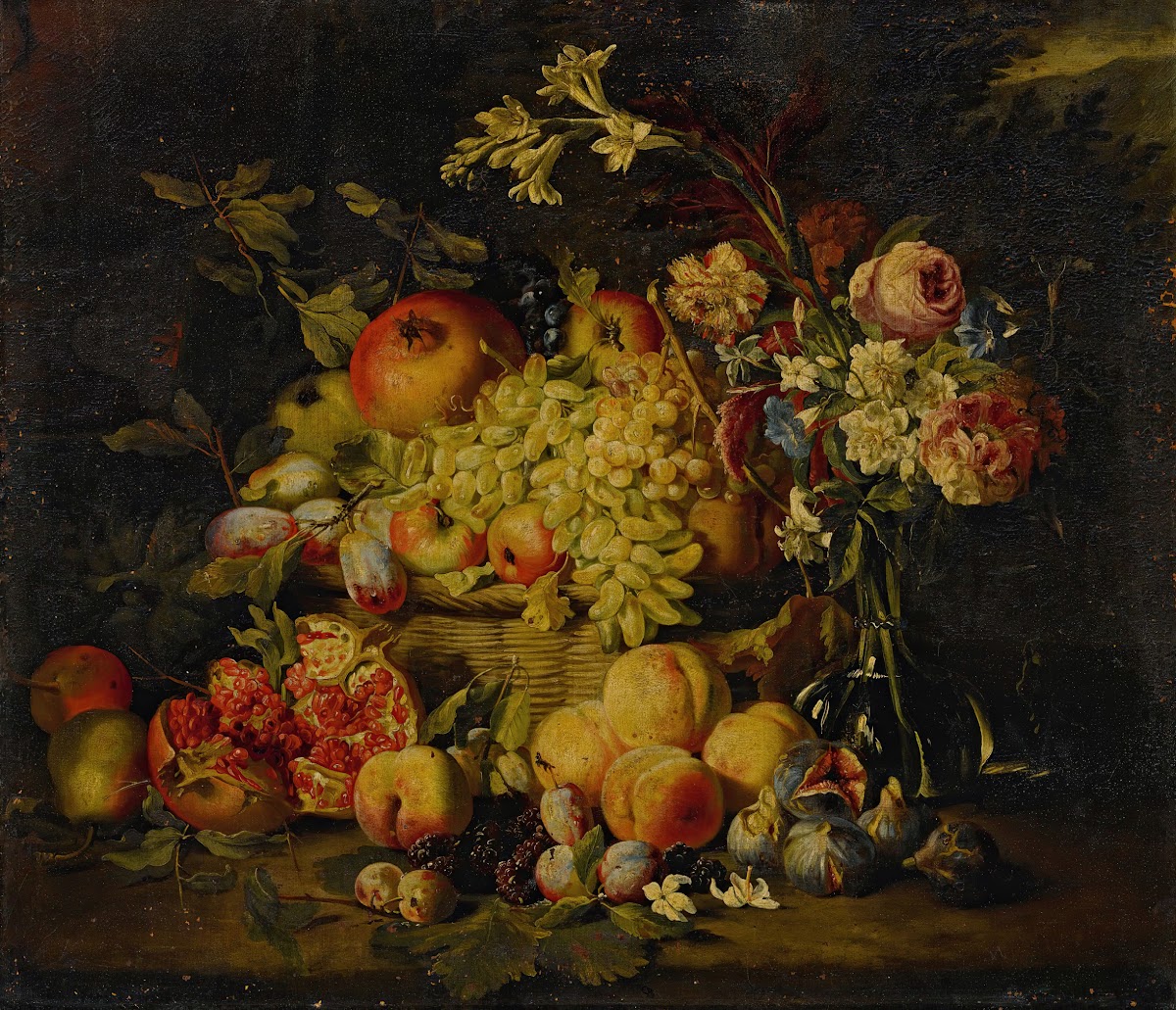 Still life of flowers and fruits including pomegranates peaches and grapes