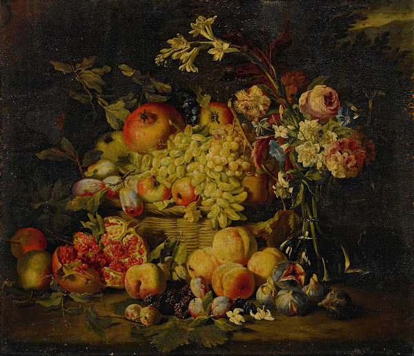 Still life of flowers and fruits including pomegranates peaches and grapes