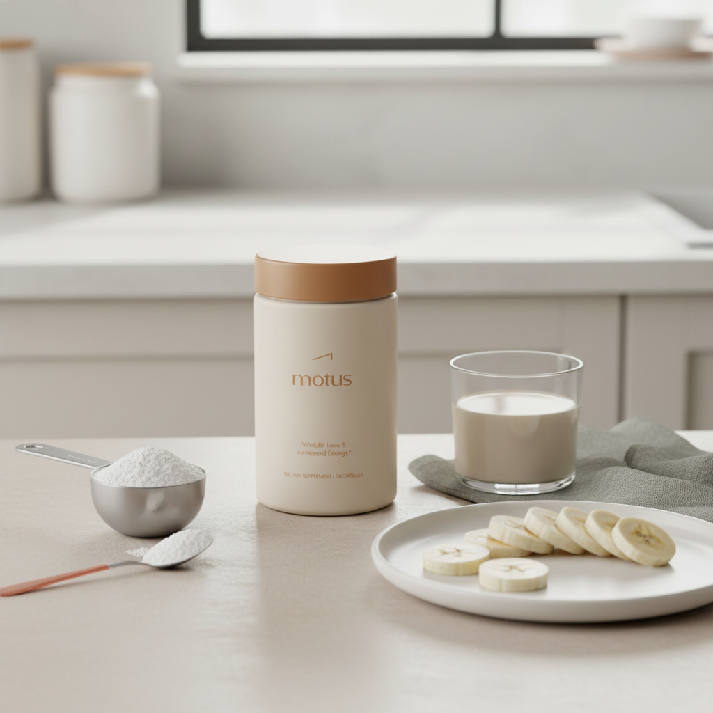 Motus supplement container on a neutral counter with a scoop of protein powder, small glass of almond milk and sliced banana, minimalist Tonum breakfast for protein shakes