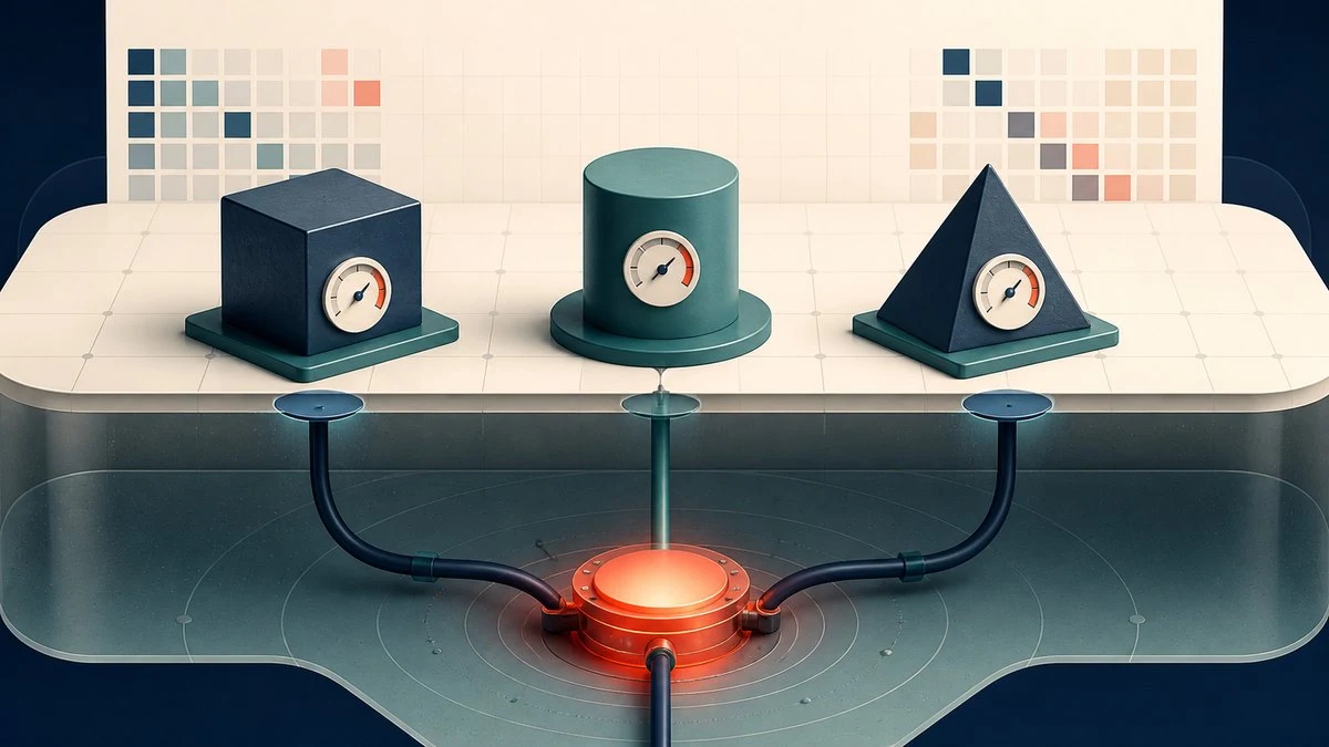 Three separate position blocks connected below the surface to one hidden shared risk source
