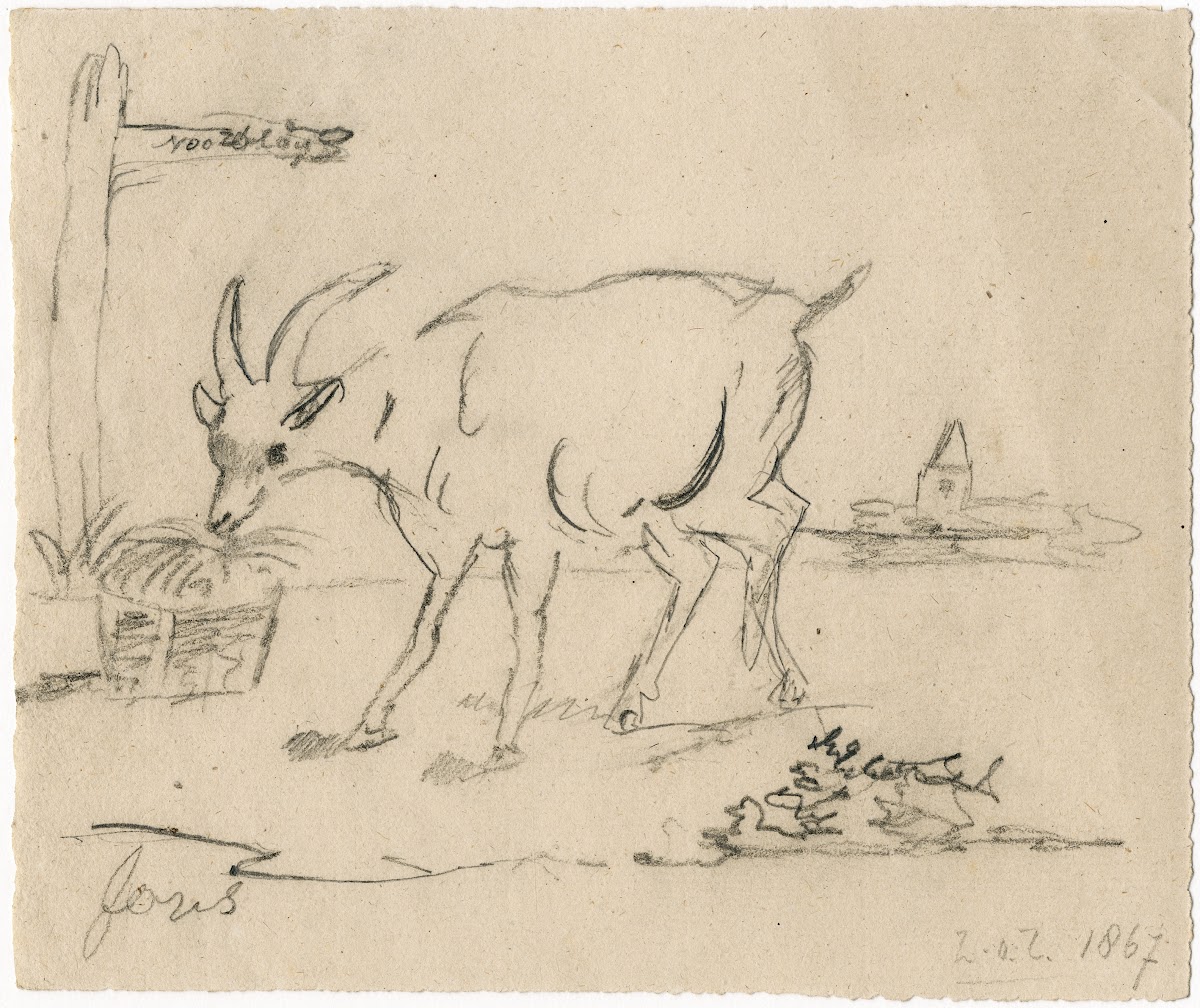 A goat eating hay out of a basket 1867