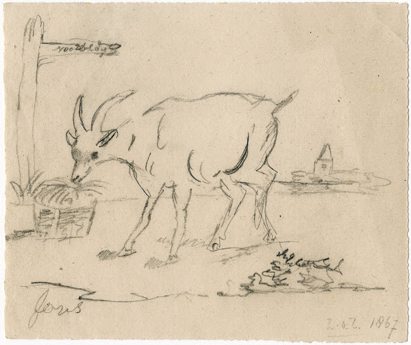 A goat eating hay out of a basket 1867