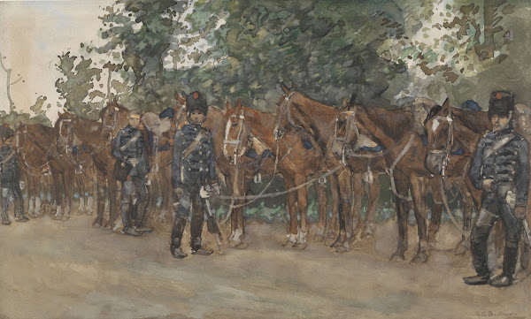 Huzaren staande naast hun paarden langs de kant van de weg c 1867   c 1923