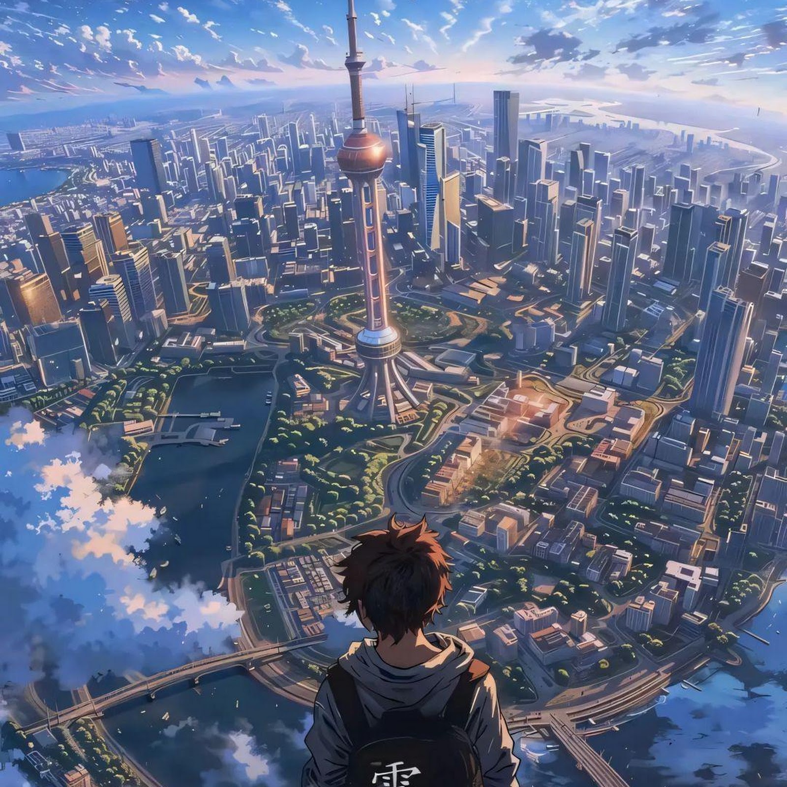 Download Anime Boy Overlooking Shanghai City Full HD iPhone