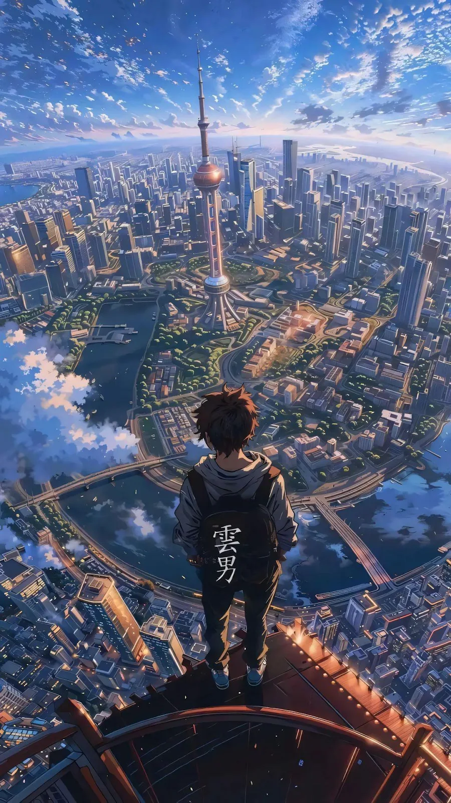 Anime Boy Overlooking Shanghai City - Anime Digital Art Full HD iPhone Wallpaper (1080x1920)