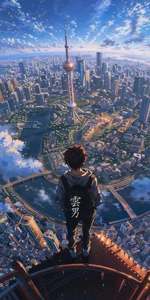 Anime Boy Overlooking Shanghai City Full HD iPhone Wallpaper Background