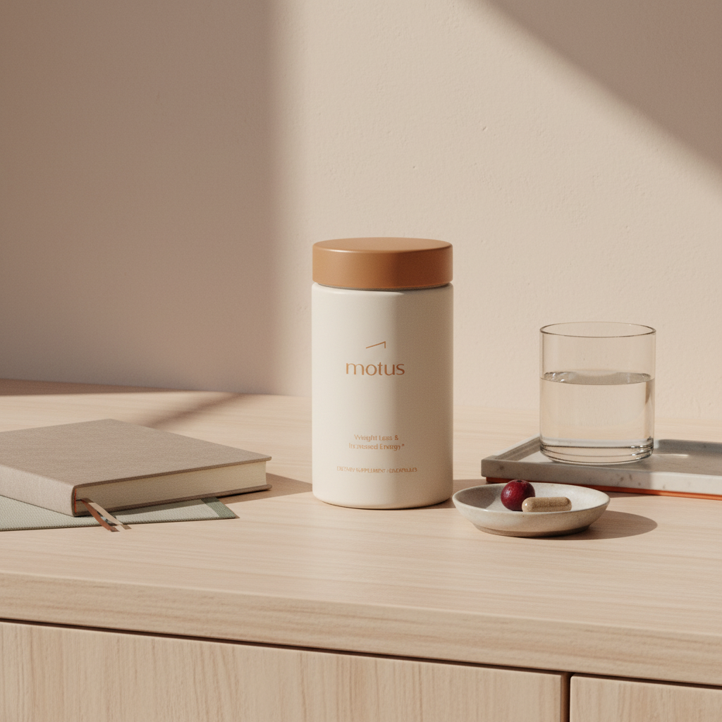 Close minimalist kitchen photo of the Motus supplement jar on a light wood surface beside a journal, glass of water and a dish with a berry and capsule, highlighting affordable weight loss medication.