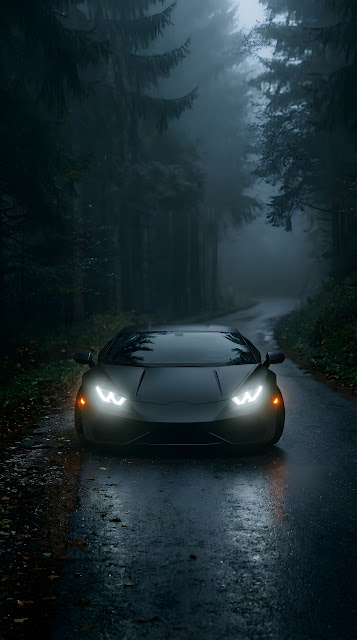 Dark Matte Supercar on a Foggy Forest Road at Night - Free mobile Wallpaper