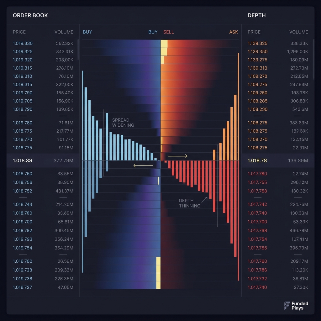 Order book close up showing thinning depth and widened spreads annotated for clarity illustrating When to Reduce Position Size in risk management