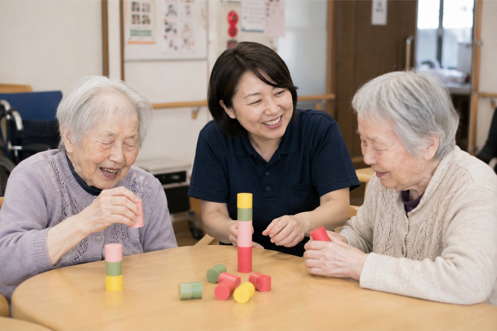 高齢者と職員が同じ机で過ごす様子