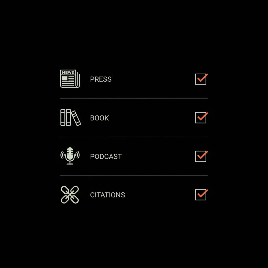 How do I get my name on Wikipedia? Sleek checklist infographic on black background with icons for press clippings, books, podcast mic, and citation links, minimal labels.