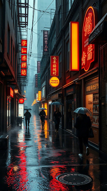 Neon Lit Rainy Alleyway Reflections, Wet City Streetscape - Free mobile Wallpaper