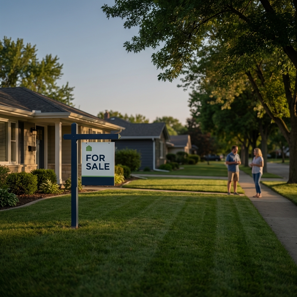 how can i get started in real estate a full frame photo of a neighborhood street with a for sale sign tidy house soft natural light and subtle Finance Police green accents