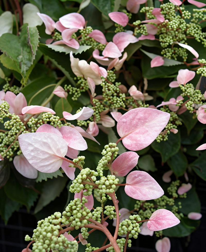 Schizophragma hydrangeoides 'Rose Sensation' rampicante con fioritura rosata