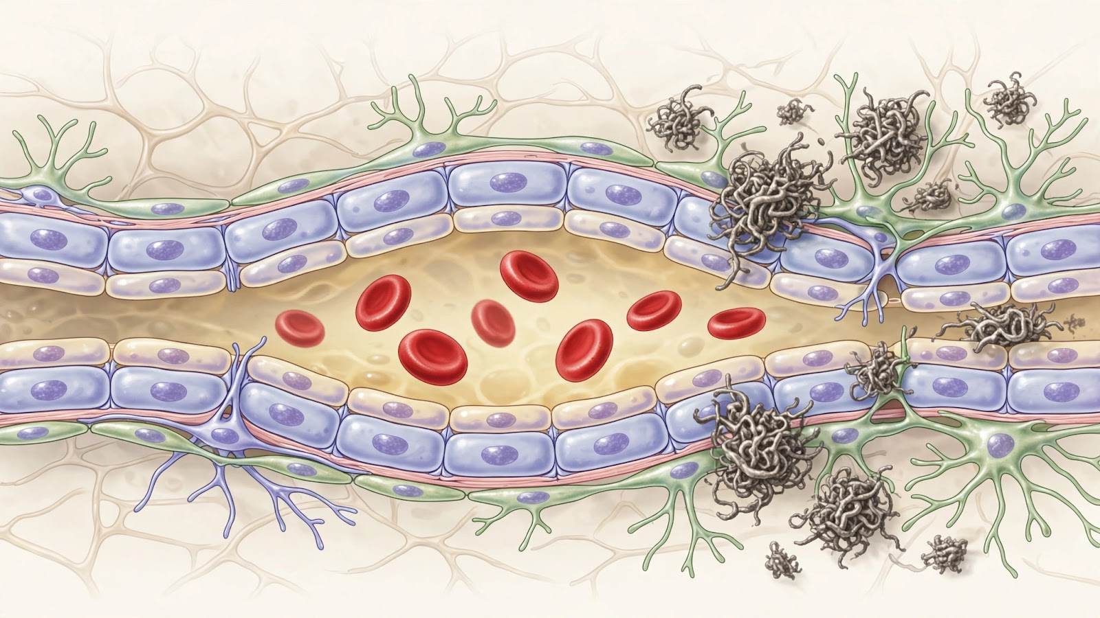 Scientific illustration of the blood-brain barrier: a brain capillary cross-section showing toxic proteins blocked from clearance