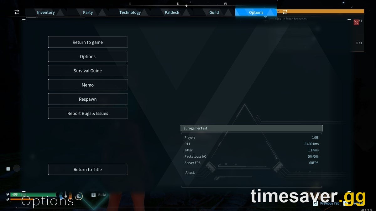 Palworld in-game server info panel showing Players 1/32, RTT, jitter, packet loss and server FPS — the network stats that reveal a bad connection