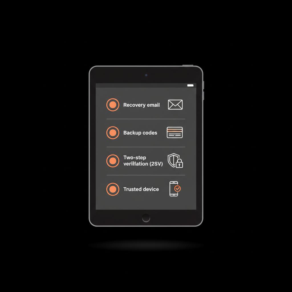 Minimal 2D vector infographic of a tablet checklist with icons for recovery email, backup codes, two-step verification, and trusted device with orange checkmarks for gmail password recovery