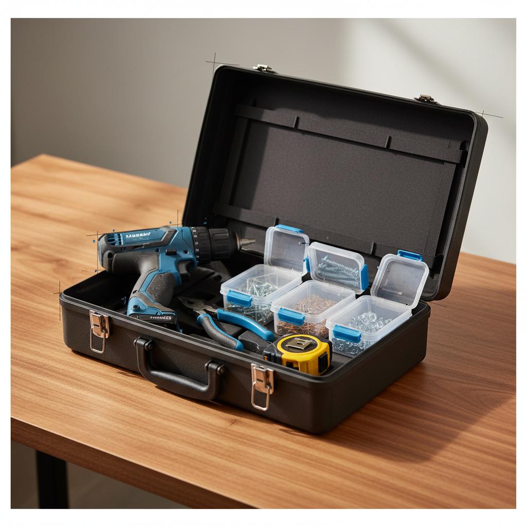 Close-up of organized toolbox with cordless drill, pliers, screws in small containers and folded measuring tape on a wooden workbench, minimalist styling, average handyman cost per hour