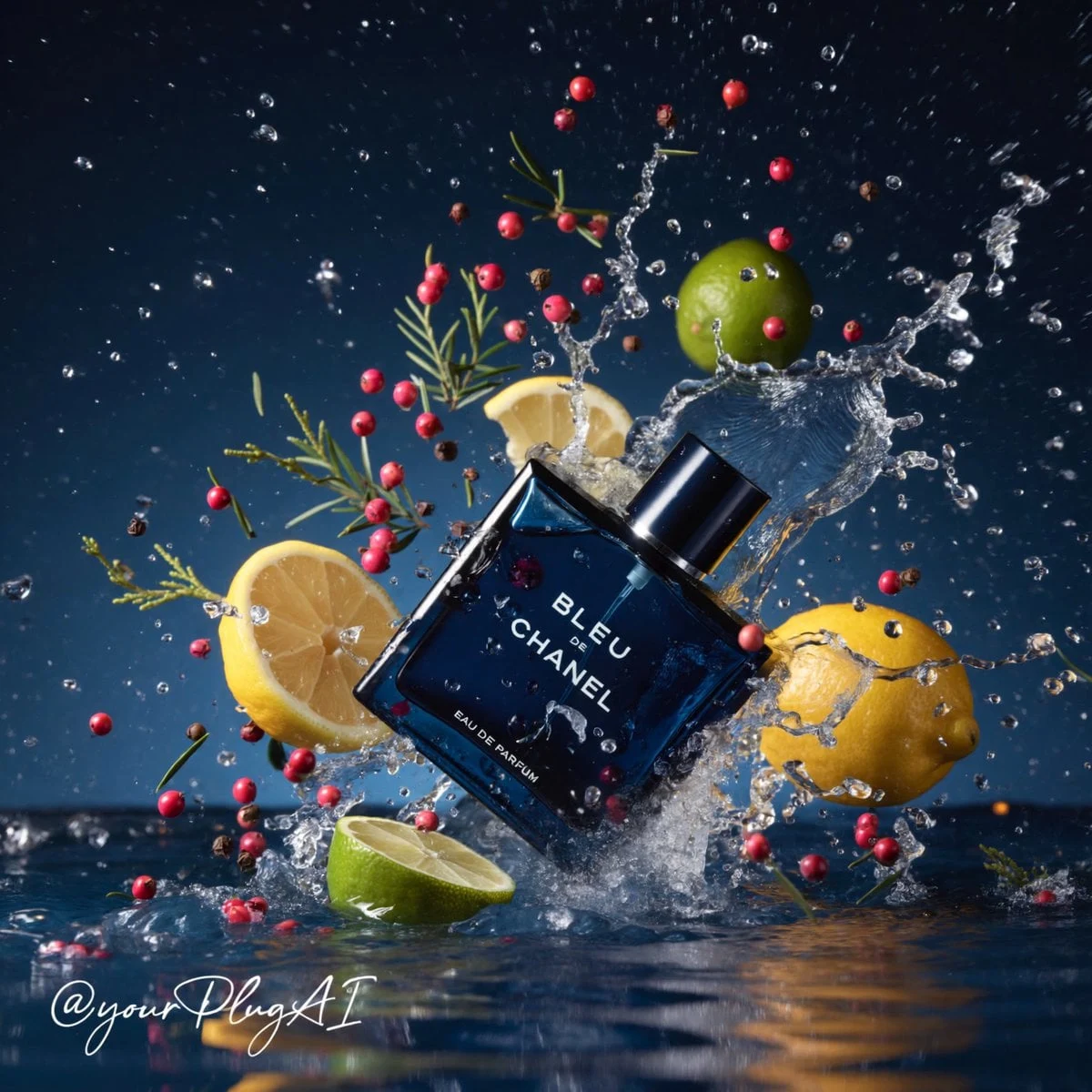 Crea una fotografía de perfume de lujo cinematográfico hiperrealista con [PERFUME BOTTLE DESIGN]...