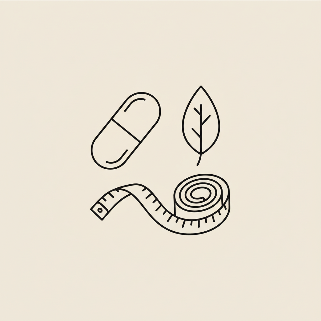 Minimalist vector line illustration of a capsule, leaf, and measuring tape on a beige background for an article about the best weight loss drug for women.