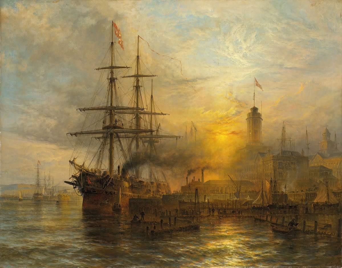 A Danish steamer moored alongside a busy dock 1874