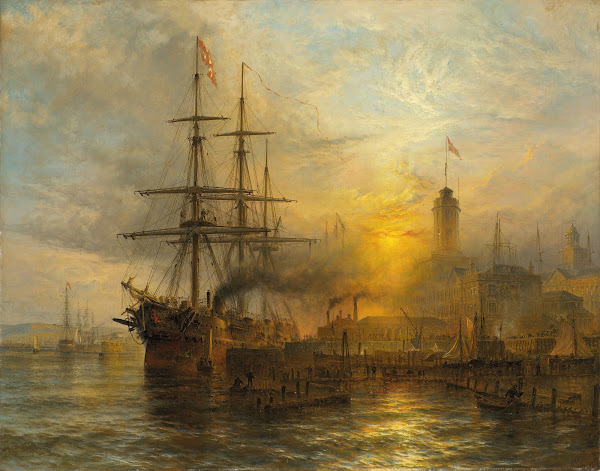 A Danish steamer moored alongside a busy dock 1874