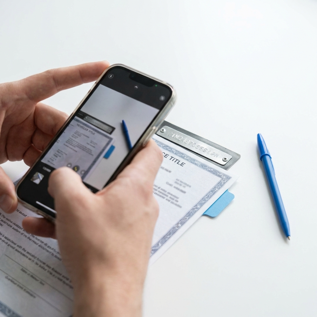 Close up of buyer photographing vehicle title and VIN plate of a repossessed car, minimalist white background with CarFax Deals blue accents, focusing on documentation for repossessed cars for sale