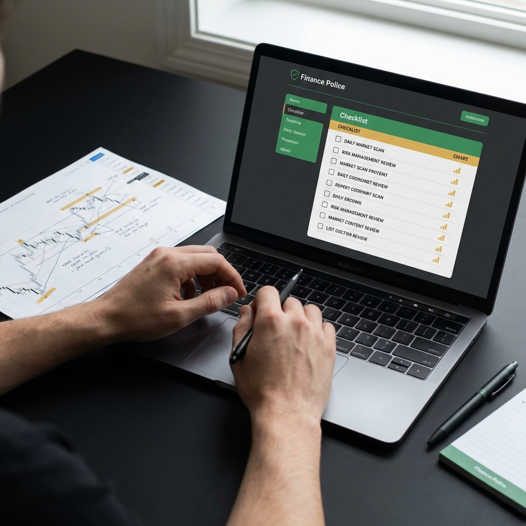 Close up of hands filling a trading checklist on a laptop with a paper trading chart visible on a dark background and Finance Police green accents share trading for beginners