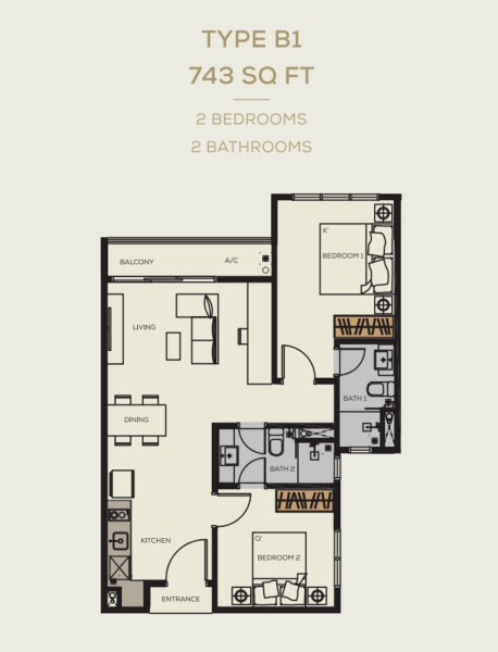 BambooHill Type B1 floor plan — 743 sq ft, 2 bedrooms