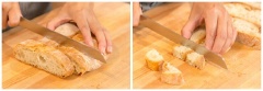 Mở sẵn lò nướng ở 200 độ C. Tỏi lột vỏ, băm nhuyễn. Cho tỏi băm, 1 muỗng dầu olive, 1/4 muỗng muối, 1/4 muỗng tiêu vào một tô lớn rồi trộn thật đều. Bánh mì cắt thành từng viên vuông nhỏ vừa ăn. Cho bánh mì vừa cắt vào tô sốt và trộn thật đều rồi dàn ra khay nướng. Đặt bánh mì vào lò nướng khoảng 15 phút đến khi thấy chuyển sang màu vàng nâu là được. Lấy ra và để nguội.