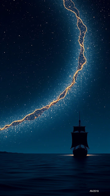 Celestial Kintsugi Crack Night Sky Sailing Ship Fantasy - Free mobile Wallpaper