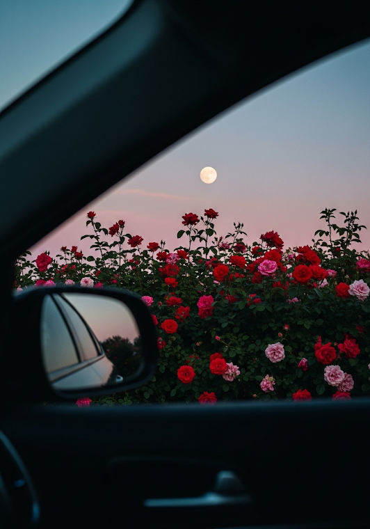 Full Moon over Romantic Rose Garden from Car