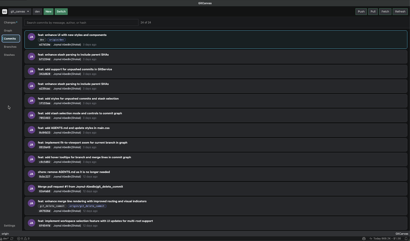 GitCanvas commits view with searchable commit history and selected commit row