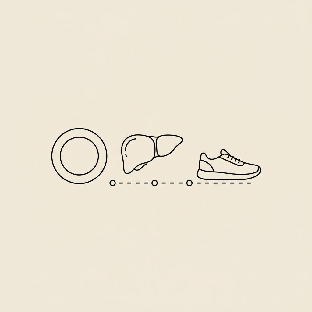 Minimal Tonum-style line illustration of a plate, stylized liver, and a walking shoe connected by three outlined dots on a beige background — liver repair timeline.