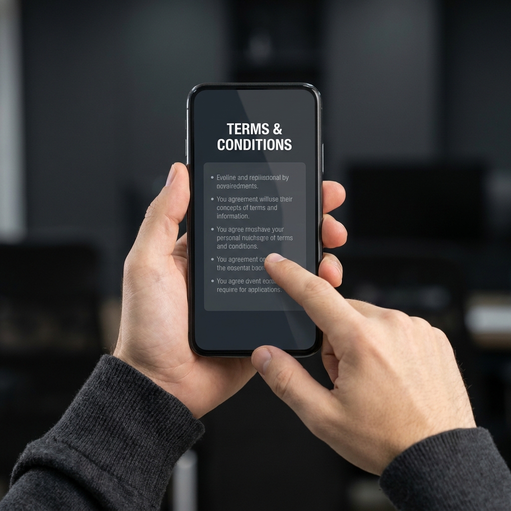 Close up of person reading app terms on a mobile device showing a visible rules header and clear disclosure layout highlighting georgia betting apps compliance and transparency