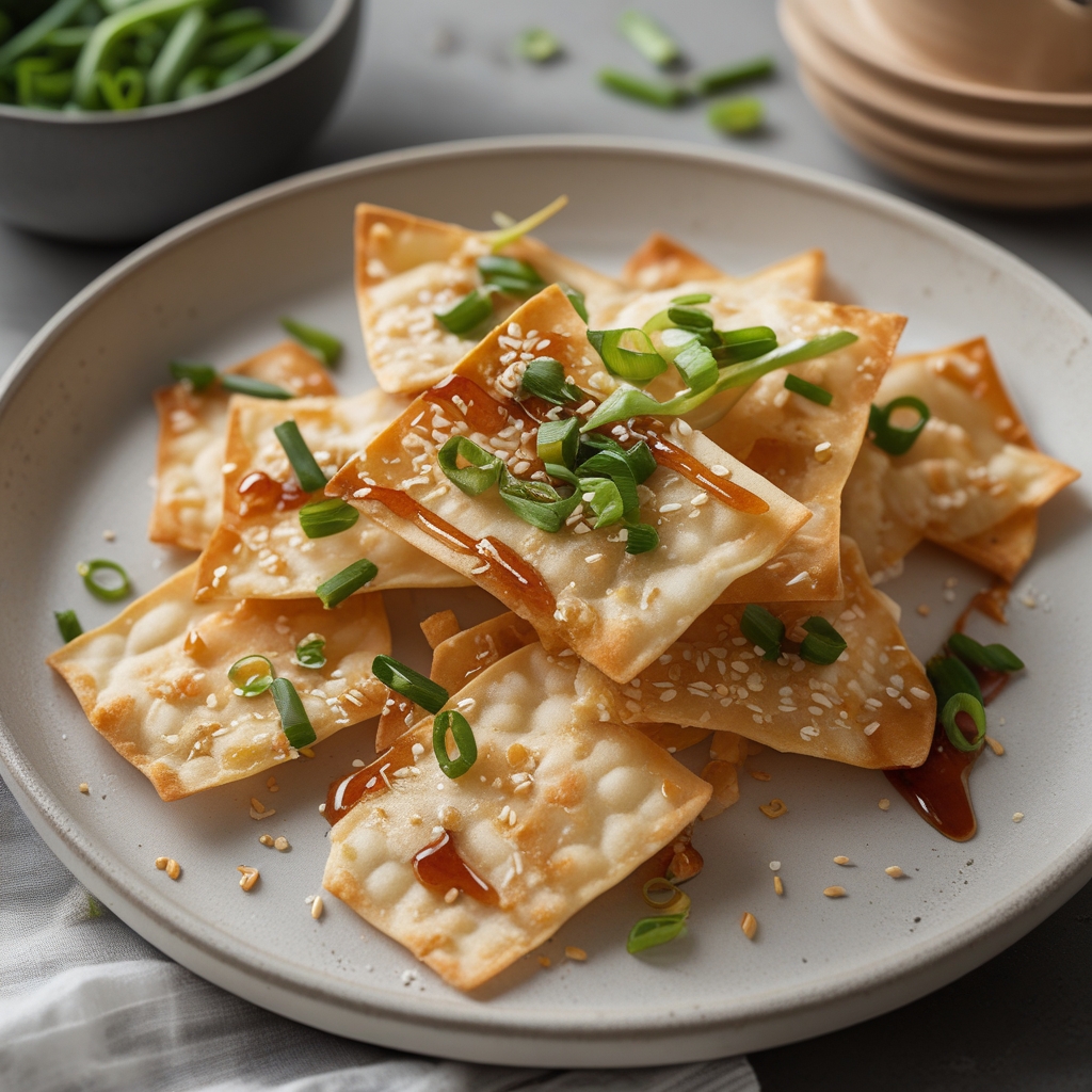 Final Crispy Honey Garlic Wonton Chips with Spicy Sesame Drizzle