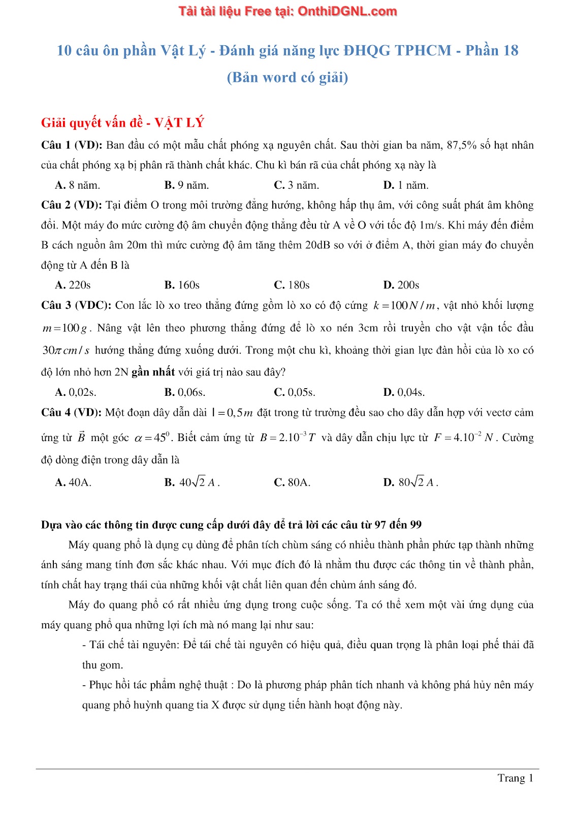 300 bài tập môn Vật Lý - Ôn thi ĐGNL ĐHQG TPHCM Phần 18
